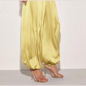 Chartreuse Yellow Satin Harem Pants with Drawstring Waist